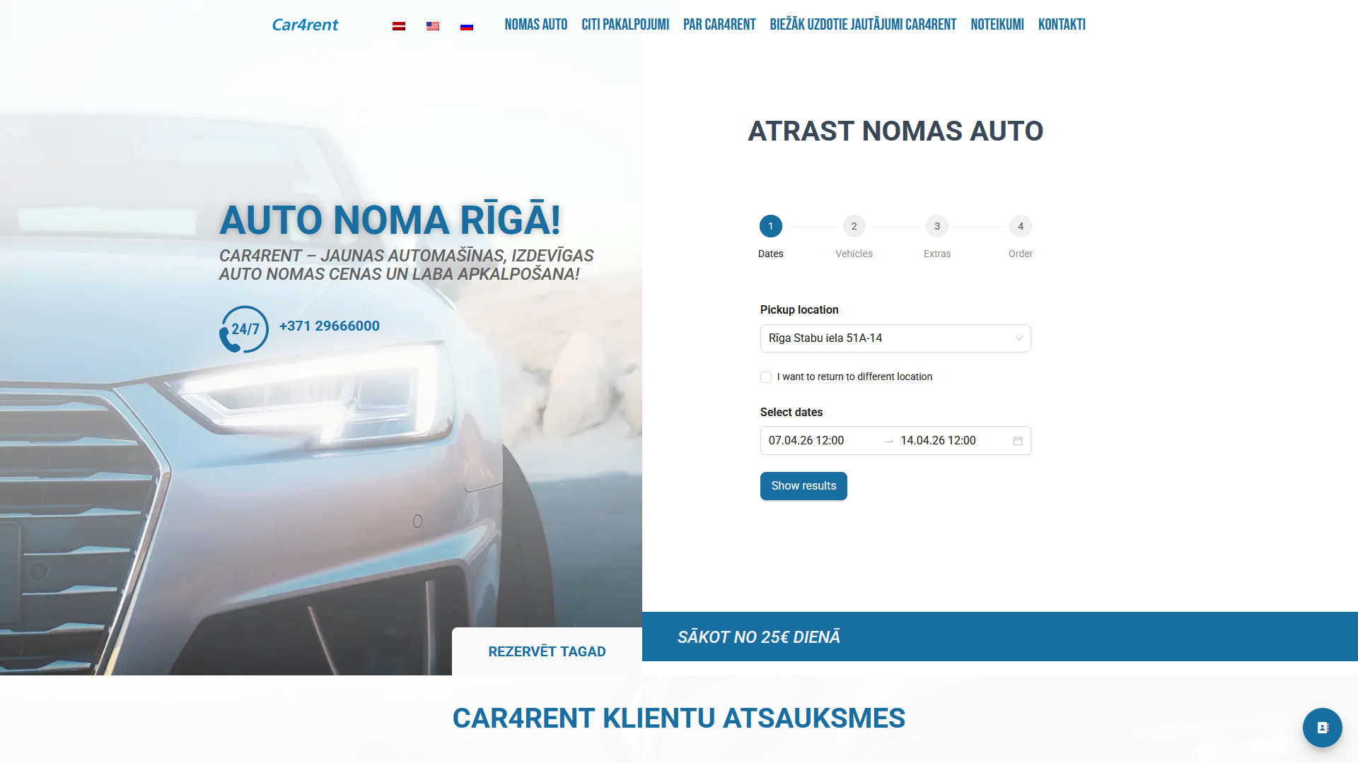 Car4Rent auto nomas platformas mājaslapa Rīgā ar reāllaika meklēšanu un rezervācijām