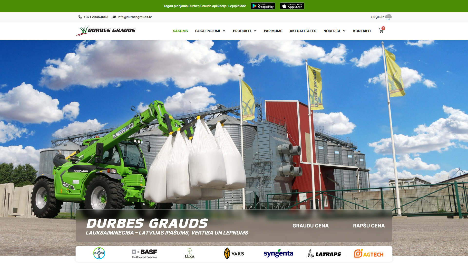 Durbes Grauds lauksaimniecības kooperatīva mājaslapa ar tiešsaistes graudu cenām un WooCommerce e-veikalu