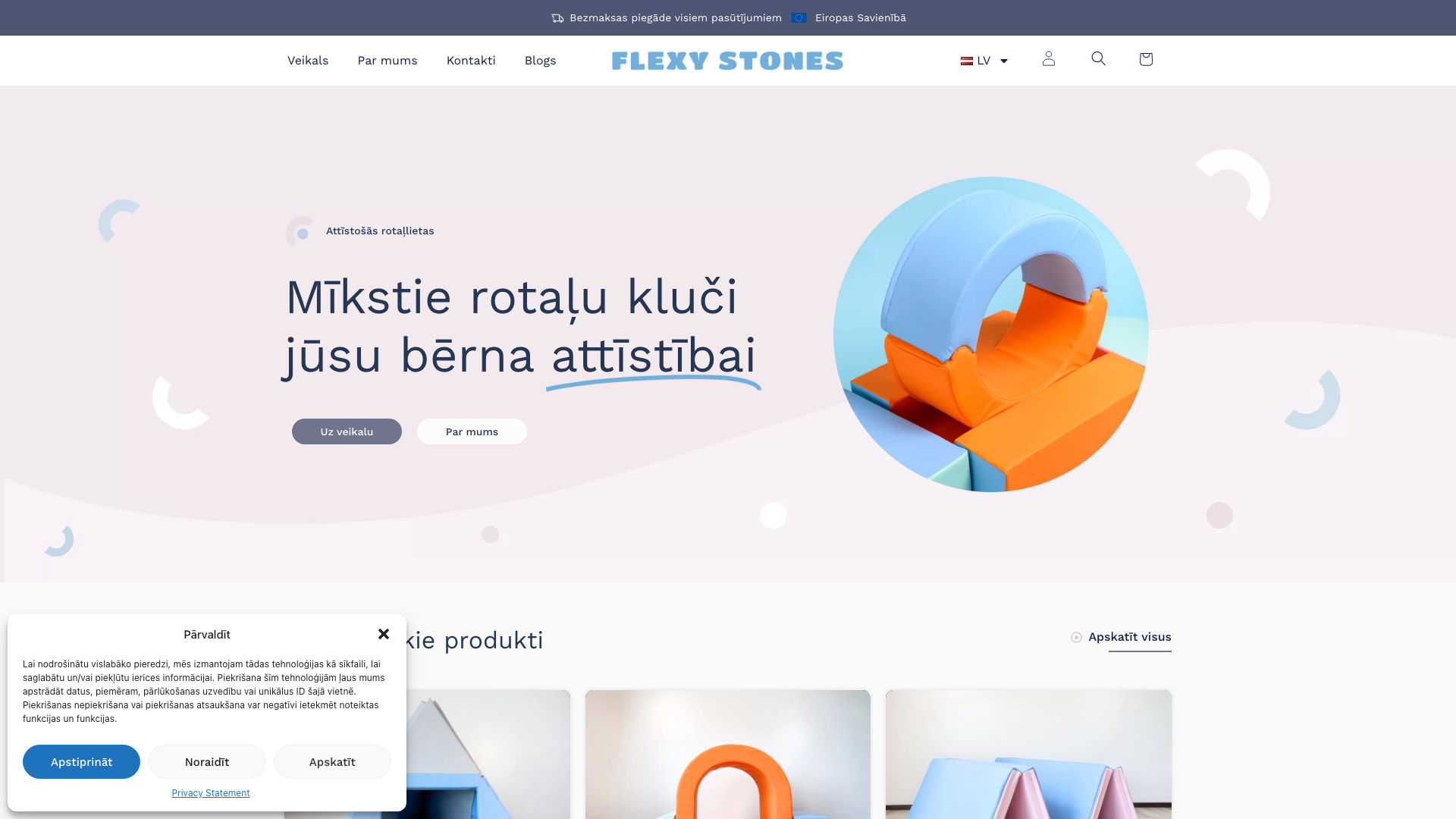 Flexy Stones mīksto rotaļu kluču bērnu e-veikala daudzvalodu dizains