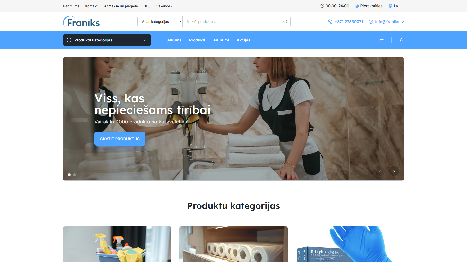 Franiks tīrīšanas piederumu vairumtirdzniecības e-veikala dizains ar vairāk nekā 2000 produktiem