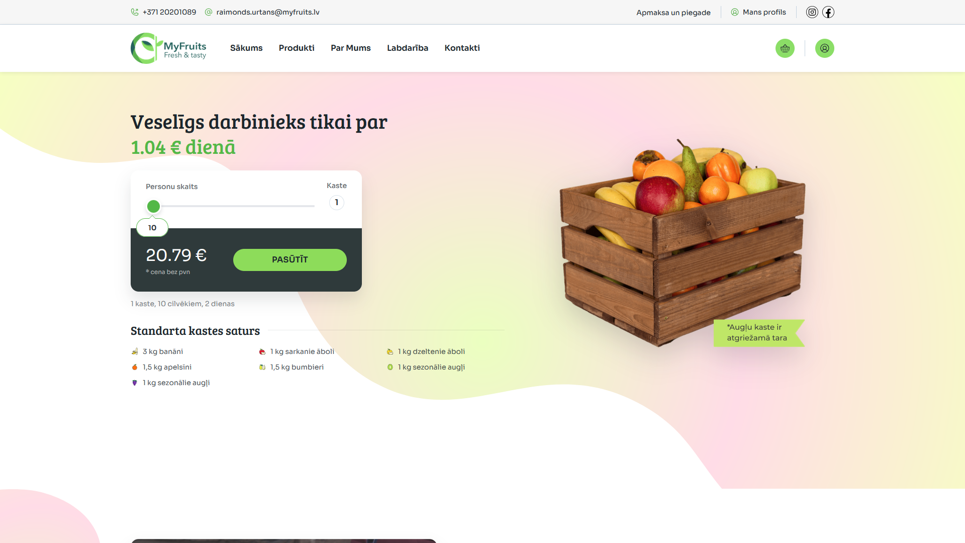 MyFruits augļu kastes abonēšanas platformas dizains ar personalizētu cenas kalkulatoru