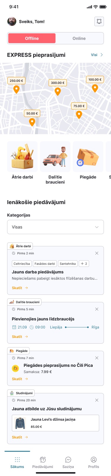Piegādes un paņemšanas pakalpojumu mobilās lietotnes saskarne ar profilu un pasūtījumu plūsmu