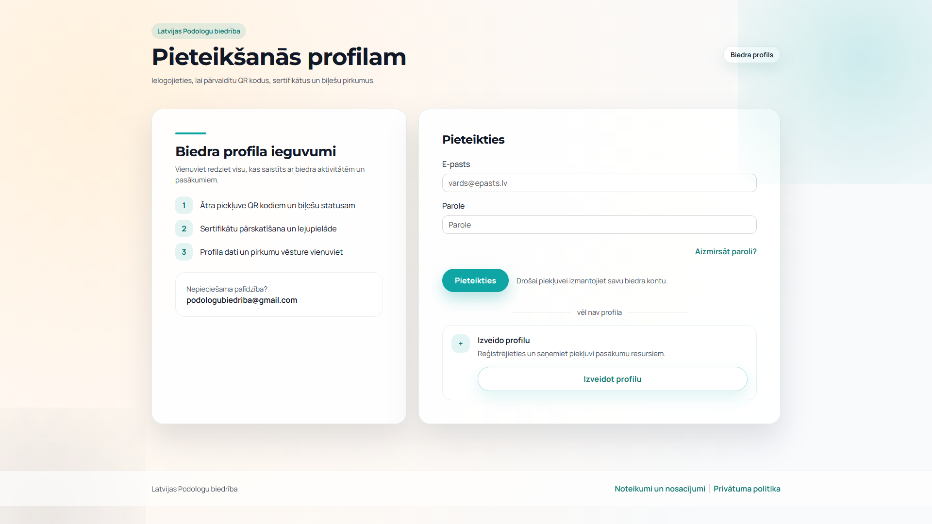 Latvijas Podologu Biedrības biedru profilu portāla saskarne ar QR sertifikāta verifikāciju