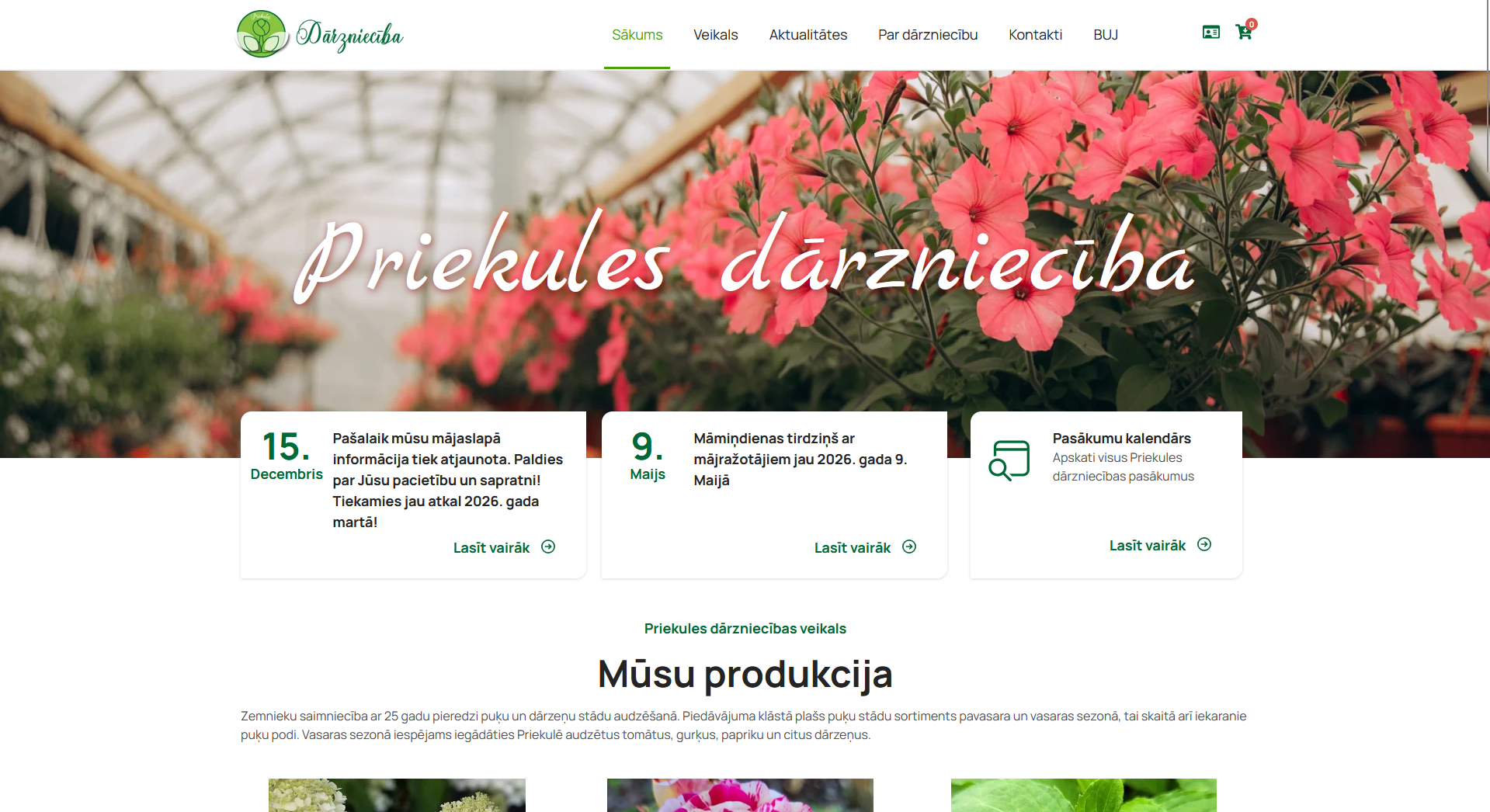 Priekules Dārzniecības e-veikala dizains ar sezonālo produkciju un pasākumu kalendāru
