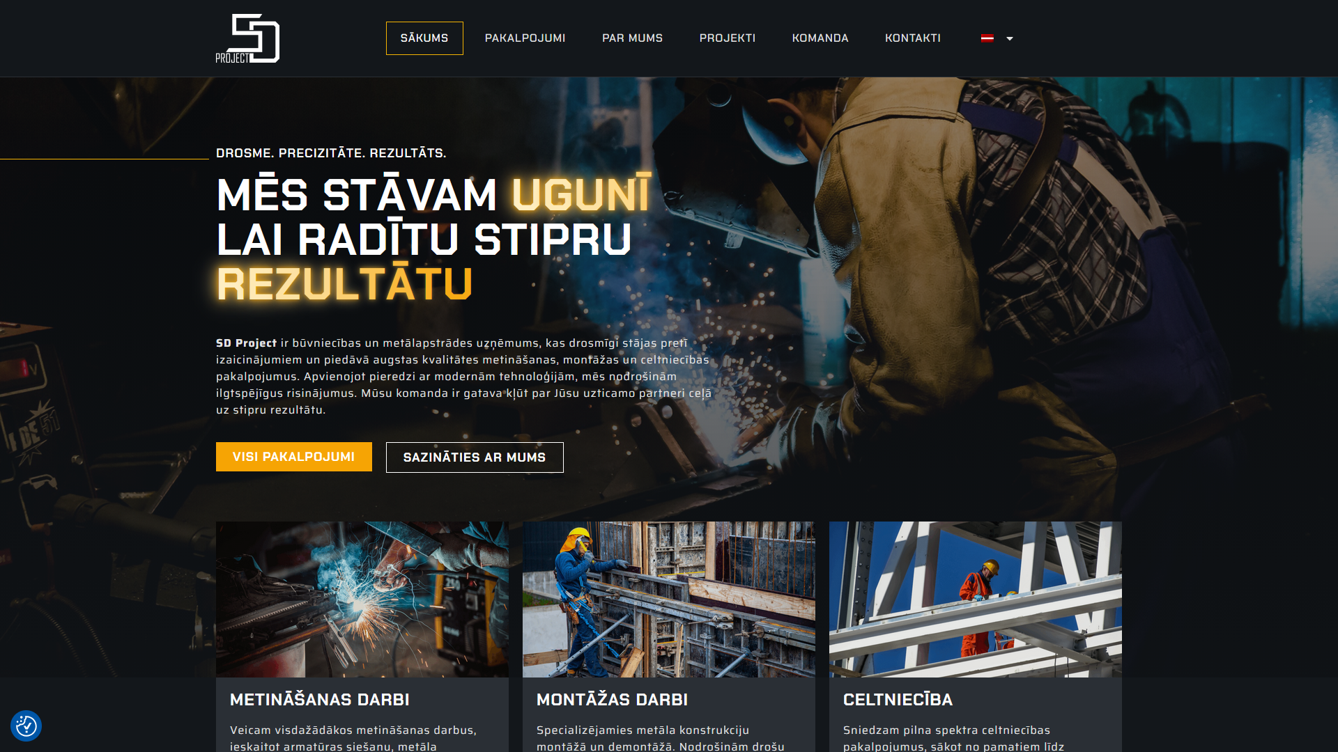 SD Project metināšanas un būvniecības uzņēmuma mājaslapa latviešu, angļu un zviedru valodā