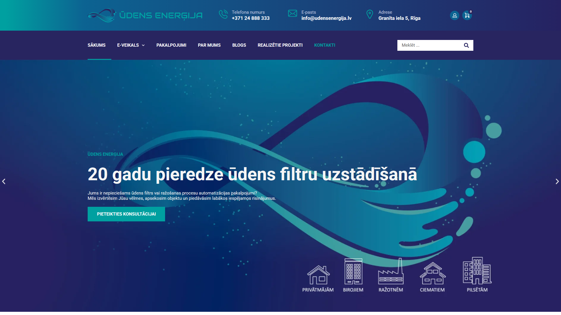 Ūdens Enerģija ūdens filtru uzstādīšanas uzņēmuma mājaslapa ar e-veikalu